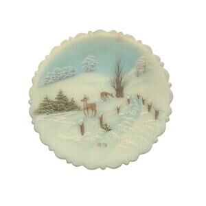 Fenton Custard Satin Uranium Glass 8" Plate Deer Winter 1979 Signed